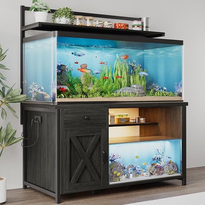 55-75 Gallon Fish Tank Stand with Power Outlet, Led Light, Aquarium Stand with Cabinet for Fish Tank Accessories Storage, Shelf, for Turtle Tank, Reptile Terrarium, 1100 LBS, Gray