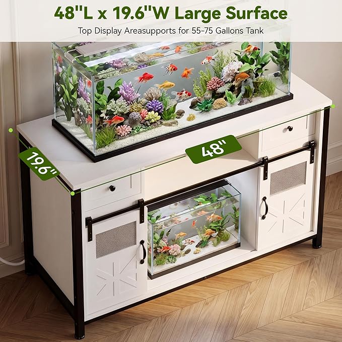 Petrova 55-75 Gallon Fish Tank Stand with Power Outlet, Metal Double Aquarium Stand with Storage Cabinet and Sliding Barn Door, Heavy Duty Reptile Tank Stand, 48" L* 20"W Tabletop, 900LBS Capacity, White