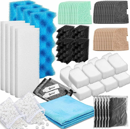 Threlaco 74 Pcs Filter Media Compatible with Fluval 306/307, Aquarium Replacement Media Kit, Foam, Activated Carbon, Nitrite/Phosphate/Ammonia Remover, Towel, Grease, Mesh Bags