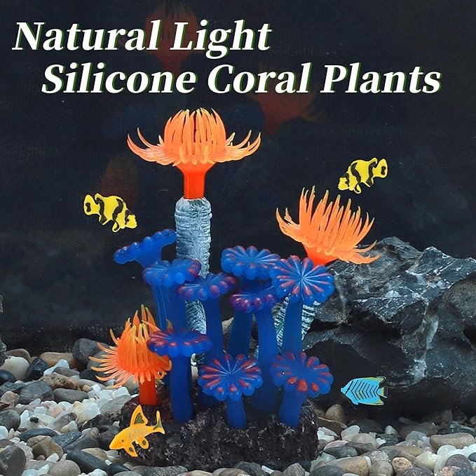 Aquarium Coral, Luminous Fish Tank Ornaments, Silicone Aquarium Plants, Fake Coral for Fish Landscape Decoration, Orange Blue