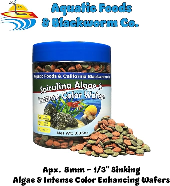 8mm - 1/3" Small Sinking Wafers of Spirulina, Algae & Color Enhancing Wafers for Bottom Fish, Shrimp, Snails & Tropicals 4-Type Wafer & 12-Type Pellet Mix Included..6oz Canister