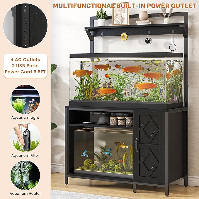 kepptory 40-50 Gallon Diamond Fish Tank Stand with Power Outlet, Heavy Duty Aquarium Cabinet with Display Shelf and 4 Hooks, Suitable for Turtle Tank, Reptile Terrarium for Home Office (Classic Black)