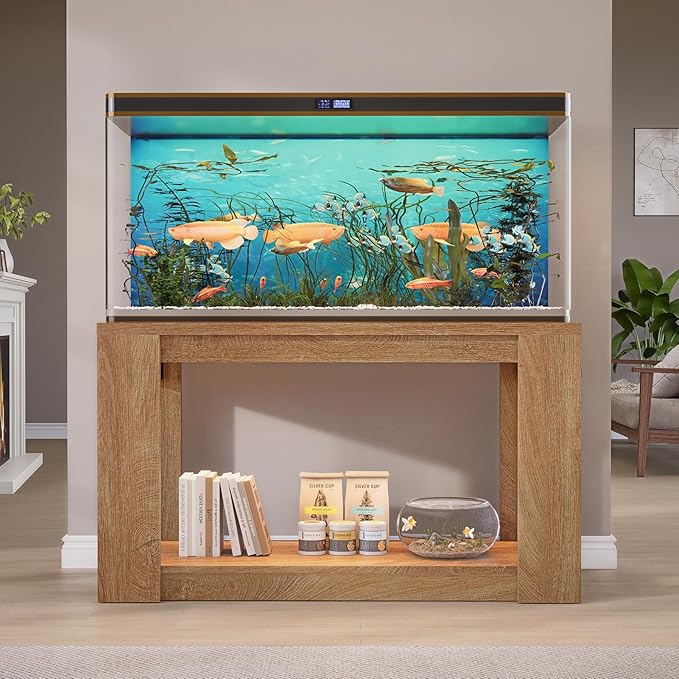 Farmhouse 75–120 Gallon Aquarium Stand for Fish or Reptile Tank, 48"x24" Tabletop Terrarium Stand with Power Outlet and Storage Shelves, Natural Brown Fish Tank Stand, 1500LBS Capacity