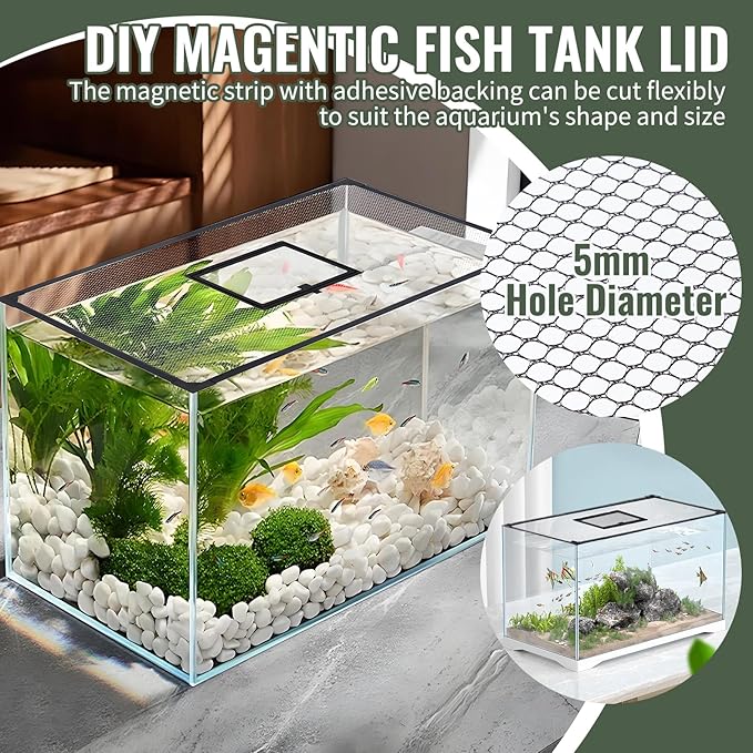 Magnetic Aquarium Cover Fish Tank Lid 59.1 x 19.7 Inch Fish Net Cover with Feeding Window Complete Accessories for Easy Installation and Anti-Jumping Protection for Fish and Reptiles