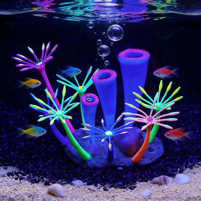Glow in Dark Fish Tank Decorations for Aquarium, Artificial Soft Anemone Coral Plants Ornaments for Aquarium Decor Landscape, Silicone Fish Tank Accessories Decorations (Purple)