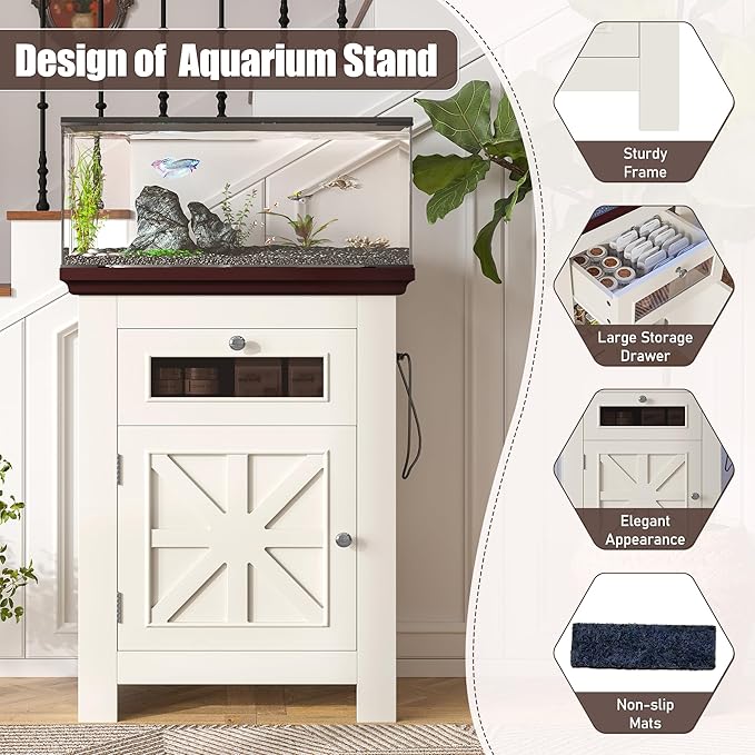 10-15 Gallon Aquarium Stand With Power Outlets, Farmhouse Fish Tank Stand, Reptile and Terrarium Stand with Drawer and Cabinet Storage, Sturdy Heavy Duty 20.4" 12",White