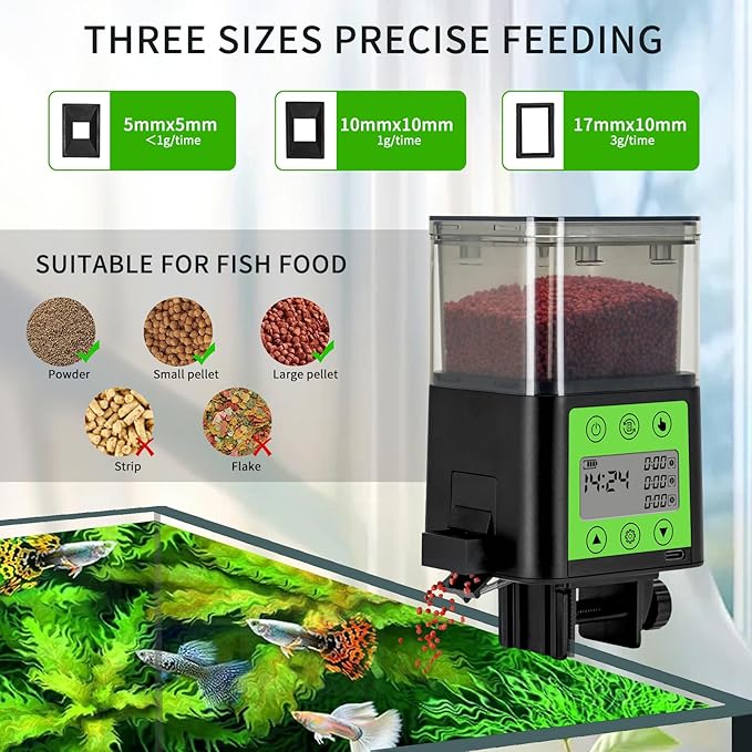Podazz Automatic Fish Feeder for Aquarium with Timer, LCD Display 320ML Large Capacity Adjustable Fish Dispenser, Operated Feeders for Goldfish, Turtle for Vacation, Weekend or Daily Use(Green)