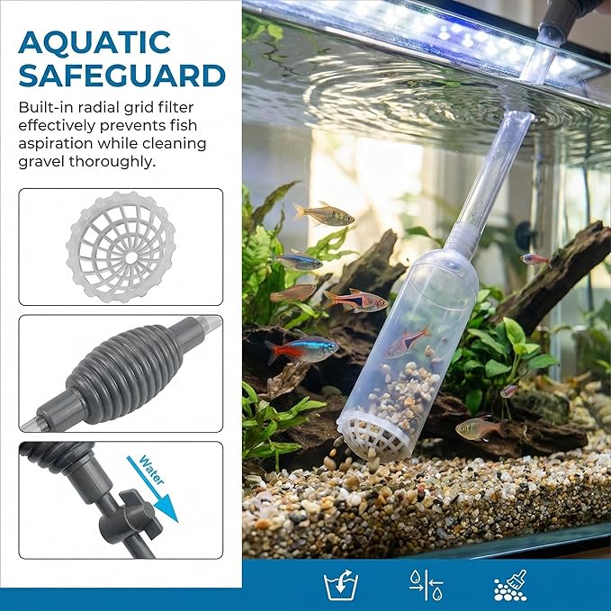 Delyle Aquarium Siphon Gravel Cleaner, 3-in-1 Fish Tank Vacuum with Sand Washer, Water Changer, 5.7ft Hose, Flow Control, Manual Hand Pump