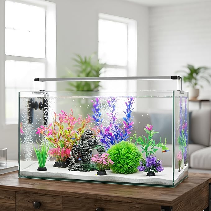 Ameliade Aquarium Artificial Plastic Plants Decorations and Rock Cave Decor Set Goldfish Betta Fish Tank Accessories Small Large Fish Bowl Ornaments