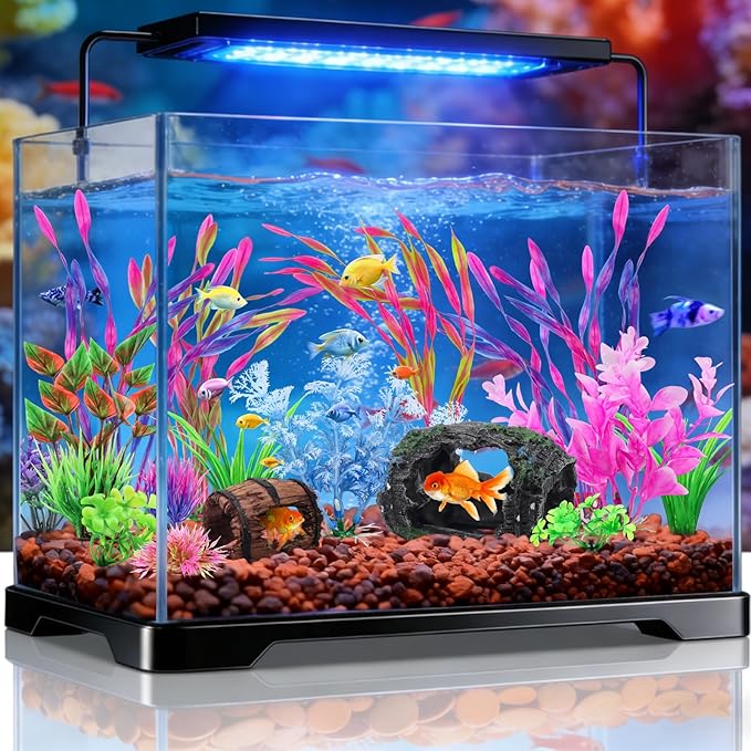 QUOZUO 16 Pcs Aquarium Artificial Plastic Plants Decorations and Broken Barrels Set, Colorful Fish Tank Accessories Hideout Ornaments Aquarium Decor Set