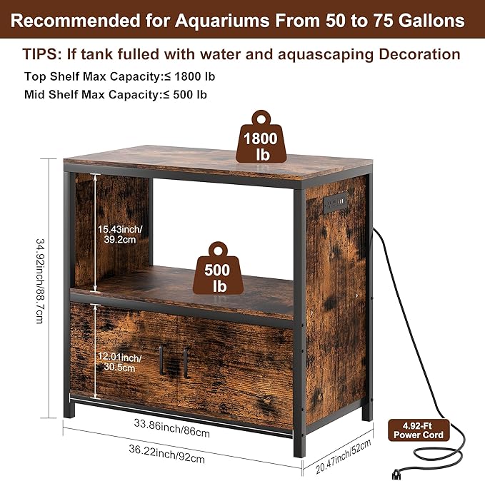 TQVAI 50-75 Gallon Fish Tank Stand with Power Outlets, Heavy Duty Aquarium Stand with Cabinet Storage Fish Tank Accessories, Large Reptile Terrarium Tank Stand, Black/Vintage