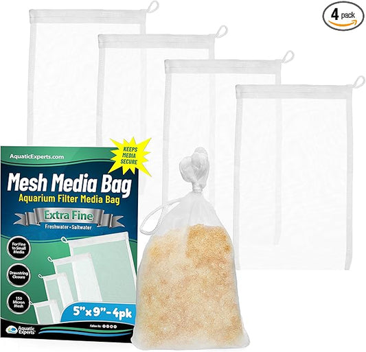 Aquatic Experts Extra Fine Aquarium Media Bag, Durable Drawstring Bags for Fish Tank Filters,150 Micron Mesh, (Extra Fine, 5" x 9" - 4 Pack)