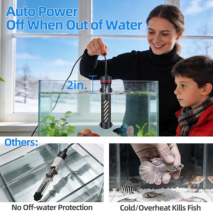 FREESEA Aysoner Aquarium Heater for Fish Tank: 25W Preset 78°F - 24/7 Stable Temperature Worry-Free Keeping - Auto-Off Out of Water - 1–5 gal Betta Turtle & Saltwater Tank