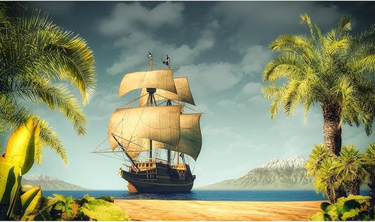 Tropical Island Aquarium Background Vintage Pirates Ship Lush Palm Trees Fish Tank Background Sunset Cloudy Blue Ocean Seascape Wonderland Terrarium Backgrounds for Tank Backgrounds Decors 36x24in