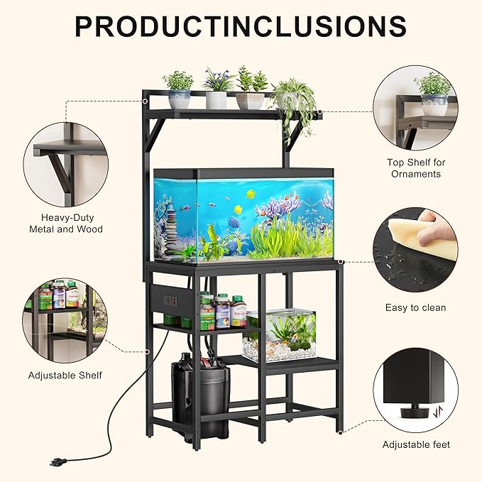 20-29 Gallon Fish Tank Stand, Aquarium Stand with Power Outlet, Heavy-Duty Reptile Terrarium Stand Table with Top Shelf and 4-Tier Adjustable Storage Shelves, 30.7" L x 15.3" W x 30" H(Black)