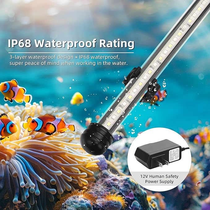 LED Submersible Aquarium Light 12W Underwater Fish Tank Light with Blue White&Blue and White Three Light Modes Timer Automatic On/Off and Dimmer Brightness Adjustable (22.8inch)