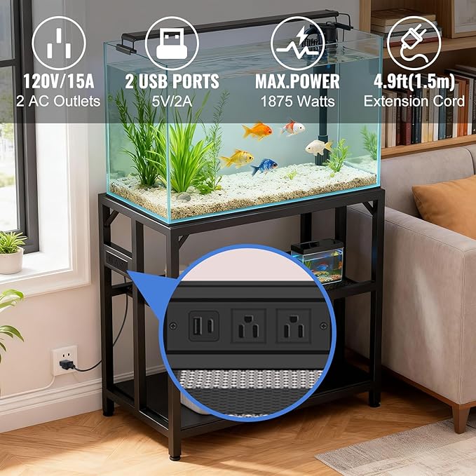 40 Gallon Fish Tank Stand with Power Outlets and Adjustable Shelf, 660LBS Capacity Metal Aquarium Stand for Turtle Tank, Reptile Terrarium and Breeder Tank, Suitable for Home Office, Black