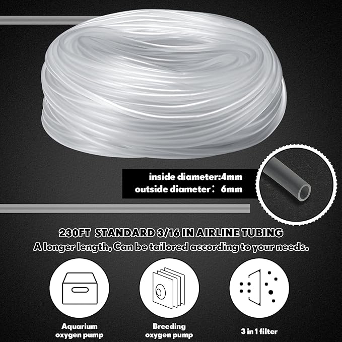 Zhengmy 230 ft Standard Size Airline Tubing for Fish Tank Clear and Flexible Aquarium Air Pump Accessories 3/16'' Tubing for Fish Tank Air Pump, Aquariums, Terrariums