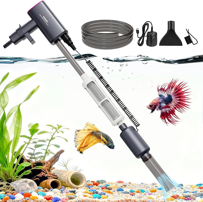 Cordless Electric Aquarium Gravel Cleaner: Rechargeable Fish Tank Cleaner with 4 Adjustable Suction, Anti-Clog for Debris Clean & Sand Washing,650GPH Automatic Water Changer for Small/Large Tank