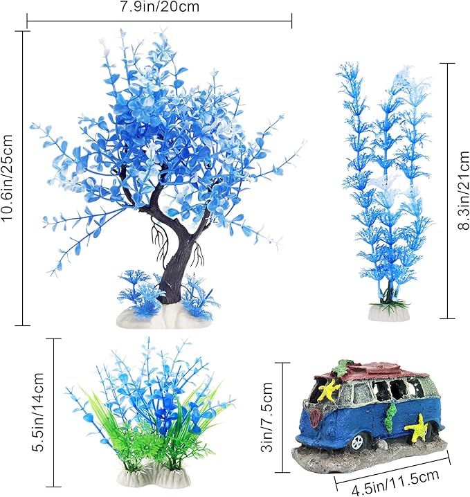 4PCS Fish Tank Aquarium Decorations Plastic Plants with Resin Cave Rock for Fish Hideout (Blue Set)