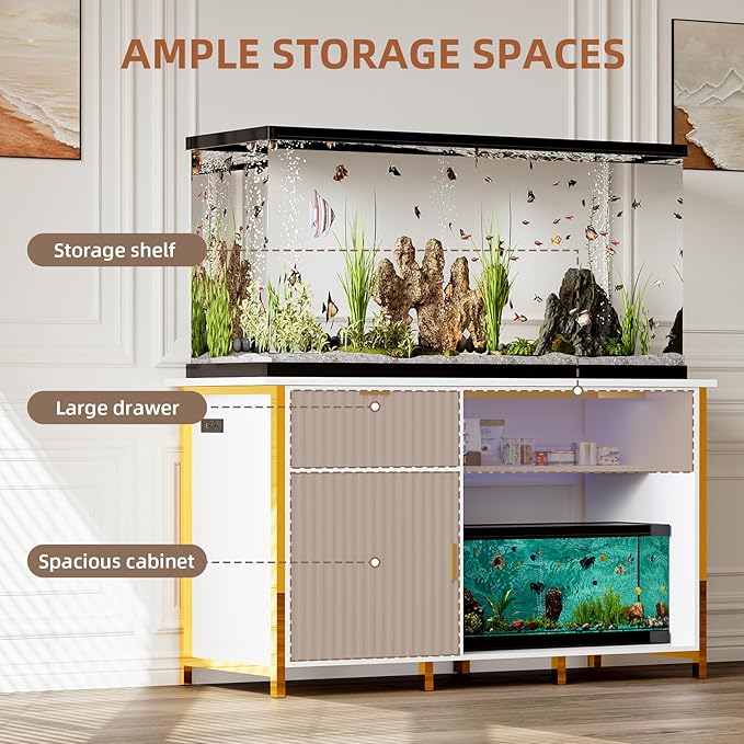 55-75 Gallon Fish Tank Stand with Power Outlets, LED Light, Vertical Lines, Heavy Duty Aquarium Stand with Cabinet for Fish Tank Accessories Storage, Turtle Tank, Reptile Terrarium, 1100LBS, White