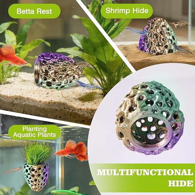 Shrimp Dome Hide, Shrimp Hides for Aquarium, Betta Fish Hideout with Suction Cup, Betta Habitat Tank Ornament Accessories, Aquarium Decor for Small Fish Guppy Hiding Resting (Green Purple)