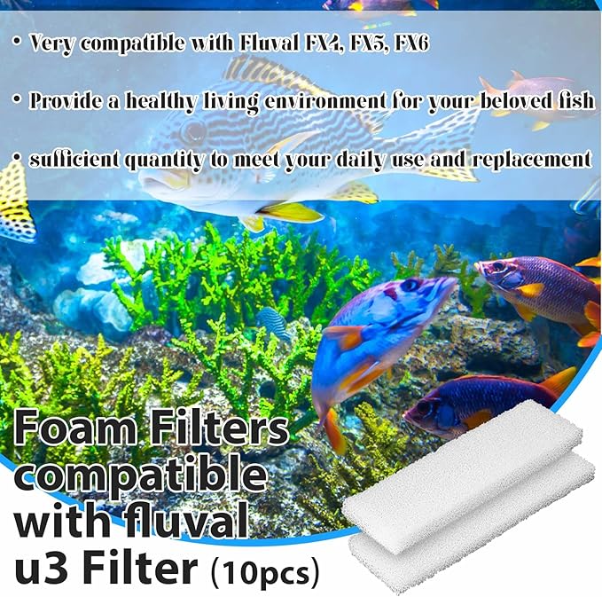 Nosiny 10 Pcs Filter Pad Compatible with Fluval U3 Underwater Sponge Aquarium Filter Media Replacement Accessories Compatible for Aquarium, Fish Tank