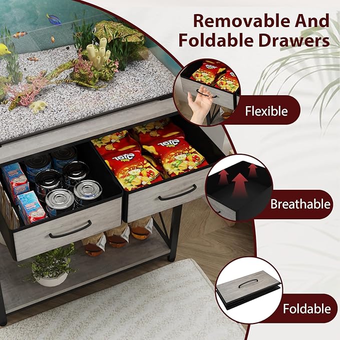 20-29-37 Gallon Fish Tank Stand with Power Outlet, Heavy Duty Metal Aquarium Stand with Two Storage Drawers for Fish Tank Accessories Storage, Perfect for Turtle Tank, Reptile Terrarium, Grey
