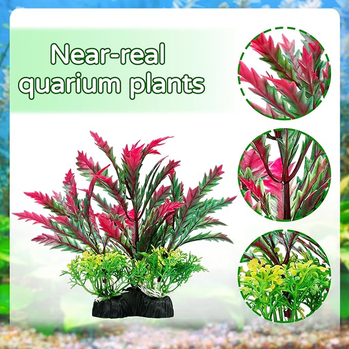 QUOZUO Fish Tank Accessories Aquarium Plants, 12pcs Colorful Fish Tank Artificial Plants and Cave Rock Decor Set, Aquarium Decorations Plants
