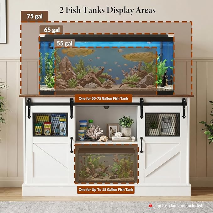 TITIMO 55-75 Gallon Fish Tank Stand with Power Outlet, Heavy Duty Large Aquarium Stand with Sliding Barn Door and Cabinet Storage for 2 Fish Tank Turtle Tank Reptile Terrarium, 1300LBS Capacity(White)