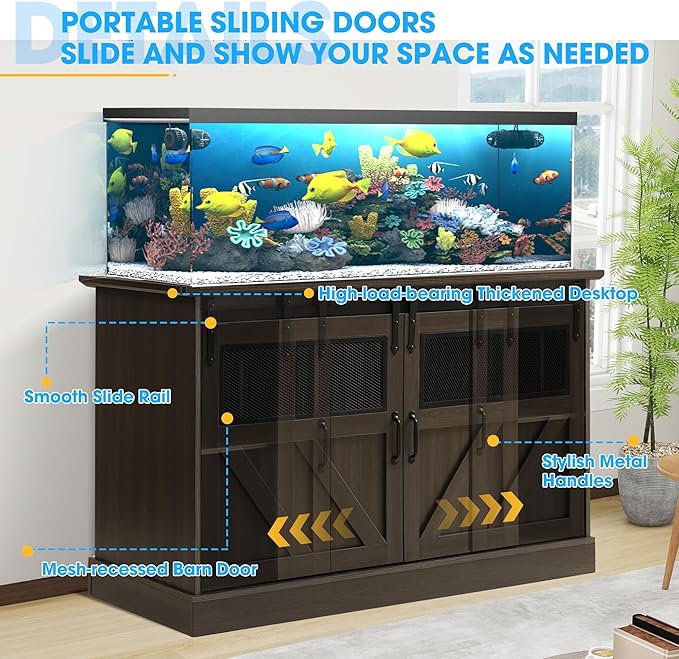 55-75 Gallon Fish Tank Stand with Sliding Barn Doors & Power Outlet, Heavy Duty Aquarium Stand with Cabinet Storage for 2 Fish Tank/Turtle Tank/Reptile Terrarium Accessories, 1300LBS (Grey)