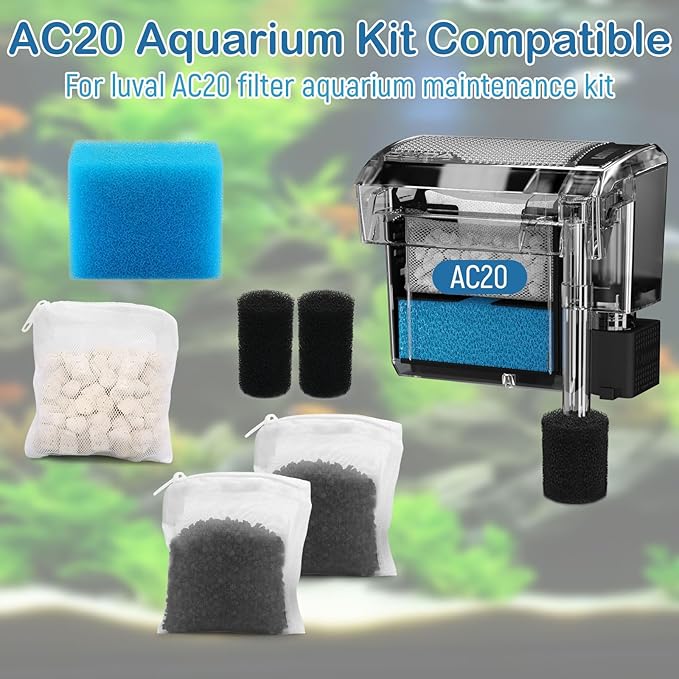 Aquarium Media Maintenance Kit Replacement for Fluval AC20 Power Filter, Includes 1 Blue Foam Filters, 2 Intake Strainer Sponge,1Pack Ceramic Rings and 2 Pack Activated Carbon