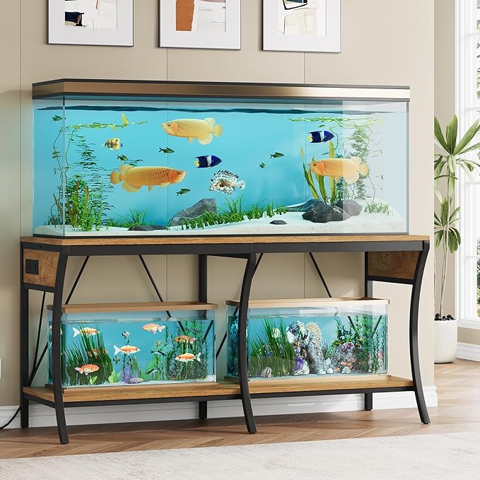 55-90 Gallon Fish Tank Stand with Power Outlets, 2-Tier Aquarium Stand with LED Light Strip & Open Storage Shelves, Heavy Duty Metal Table for Reptile Tank, 1100 LBS Capacity, Light Brown and Black