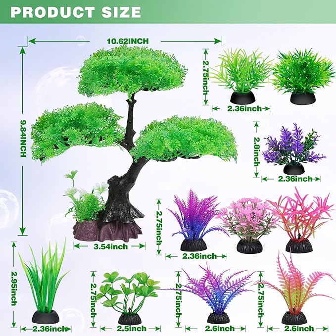Ameliade Aquarium Artificial Plastic Plants Decoration, Aquarium Tree Decor Set, Goldfish Betta Fish Tank Decorations Hides Accessories (Green)