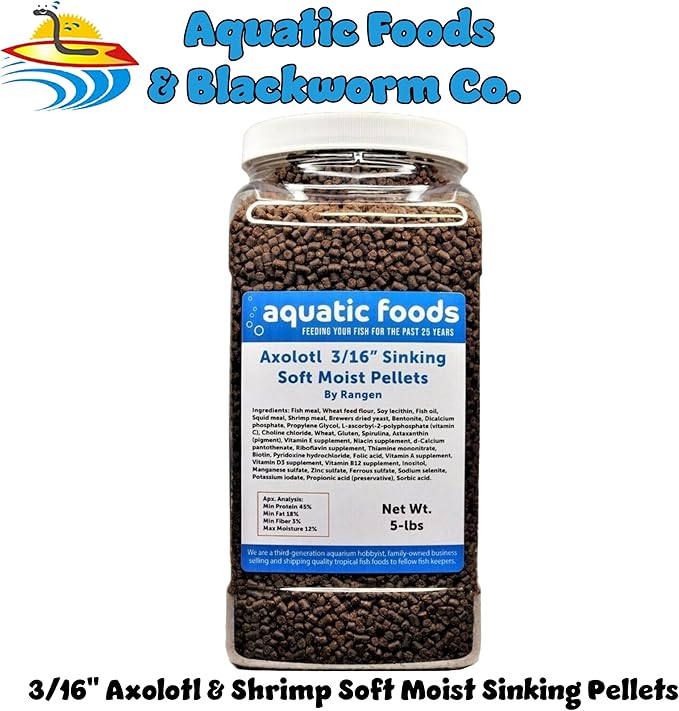 Axolotl Food 3/16" Soft Moist Sinking Salmon Pellets for Adult Axolotl Also Shrimp, Snails, Crabs, Crayfish, Bottom Tropical Fish...5-lb Lg Jar