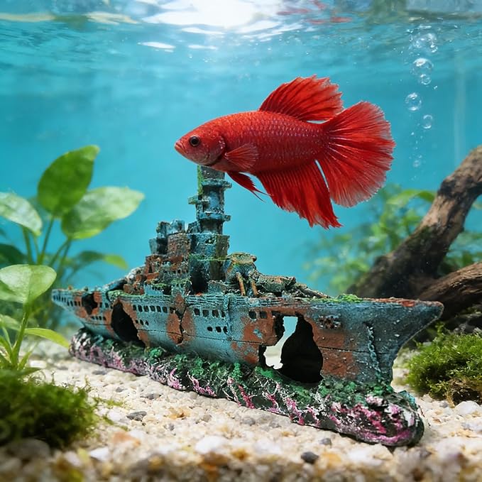 Eco-Friendly Resin Aquarium Shipwreck Decor, Realistic Sunken Ship Fish Tank Ornament, Safe Hideout & Landscaping Accessory for Betta Fish, Freshwater and Saltwater Aquariums