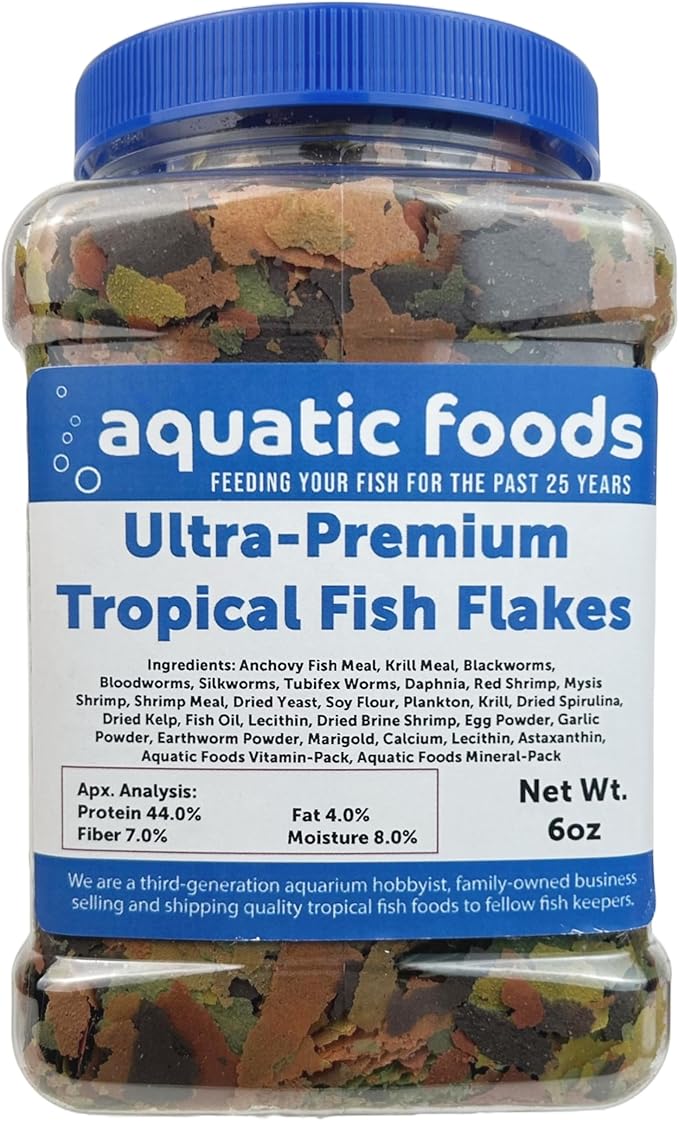 Ultra-Premium 8-Type Special Blend of Tropical Fish Flakes for Discus, Cichlids, Angel Fish, Guppies. Tetras, All Tropicals. AF Flakes…6oz Med Jar