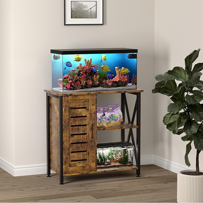 Herture 20-29 Gallon Fish Tank Stand, Aquarium Stand with Cabinet Accessories Storage, Heavy Duty Metal Frame, 31.49" L*15.74" W Tabletop, 330LBS Capacity, Rustic Brown PG07YGN