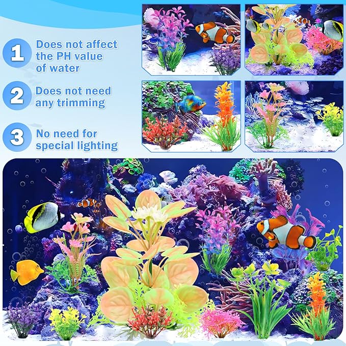 QUOZUO Fish Tank Accessories Aquarium Decorations Plastic Plants, 11cs Small Goldfish Turtle Tank Decorations Artificial Plants, Aquarium Decor Colorful Grass Plant