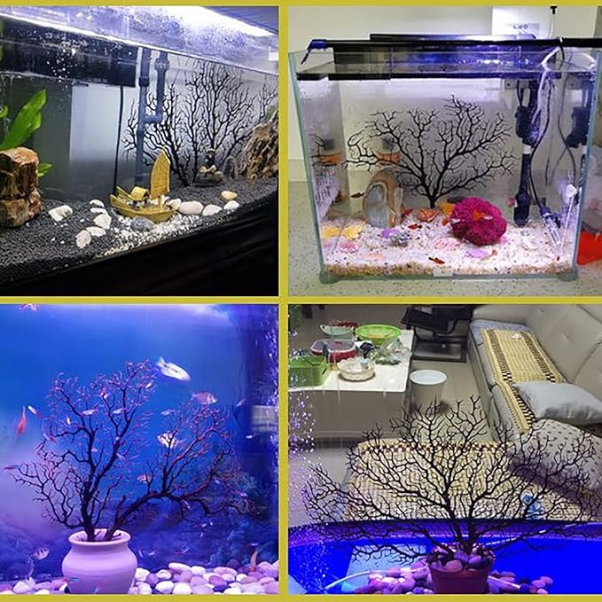 Tfwadmx Large Artificial Coral Plant Sea Fan Decor Black Fish Tank Decoration Aquarium Landscape 2 Pcs 5.9inch to 7inch