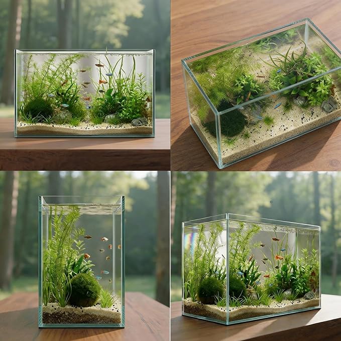 3 Gallon Glass Fish Tank Cube with Open-Back Lid, Small Aquarium Fish Bowl for Betta Goldfish Snails Shrimp Aquatic Planting, Ultra Clear Rimless Design for Desktop Small Spaces