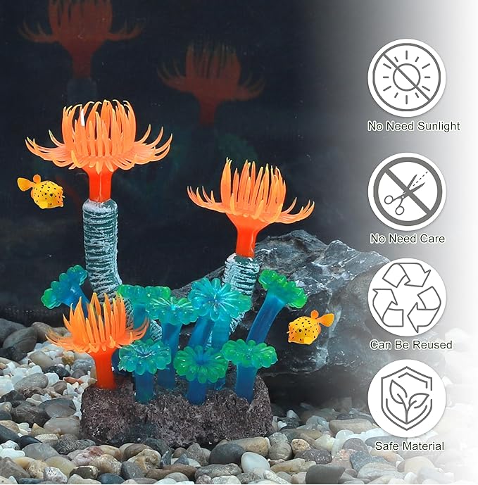 Aquarium Coral, Luminous Fish Tank Ornaments, Silicone Aquarium Plants, Fish Tank Coral, Fake Coral for Fish Landscape Decoration Aquarium Ornaments, Orange Green