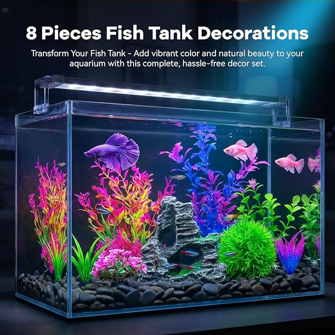 8Pcs Aquarium Decor Set, Artificial Plastic Plants and Rock Cave for Fish Tank Decorations, Goldfish Betta Fish Tank Accessories Supplies Realistic Small Large Fish Bowl Ornaments