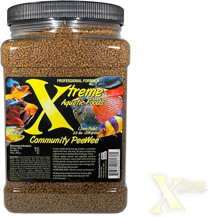 Xtreme Community Peewee 1.5mm Pellets: Slow Sinking & Ideal for Community Fish - Boosts Immune & Digestive Health, Enhances Color & Energy, Max Protein Fish Food – USA Farm Grown (38oz)