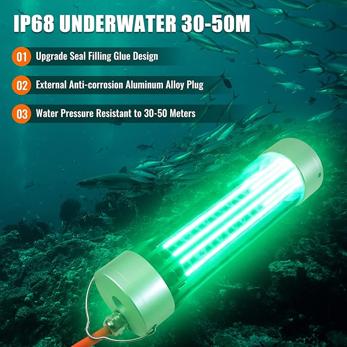 HUSUKU LED Underwater Fishing Light, Green Night Fishing Finder Attractor, IP68 Submersible Boat Lamp for Snook Crappie Squid Shrimp