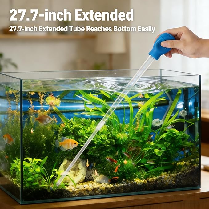 27.7IN Extra Long Blue Turkey Baster for Aquarium, 50ml Fish Tank Cleaning Siphon Aquarium Water Changer, Aquarium Waste Remover