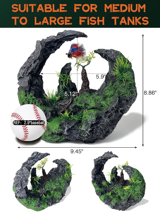 Aquarium Decor - Large Moon Shaped Cave Ornament for Fish Tank, Aquarium Hideout with Rock Texture for Betta, Goldfish, Shrimp - Safe Aquatic Decorations,Easy Superior Aquascape (Moon Valley)