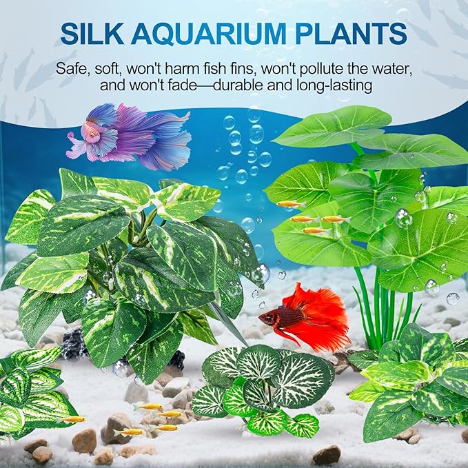 CousDUoBe 12 Pcs Betta Fish Tank Decor，Silk Aquarium Plants Green Fish Tanks Decoration Plants, Aquarium Decorations Green Plants