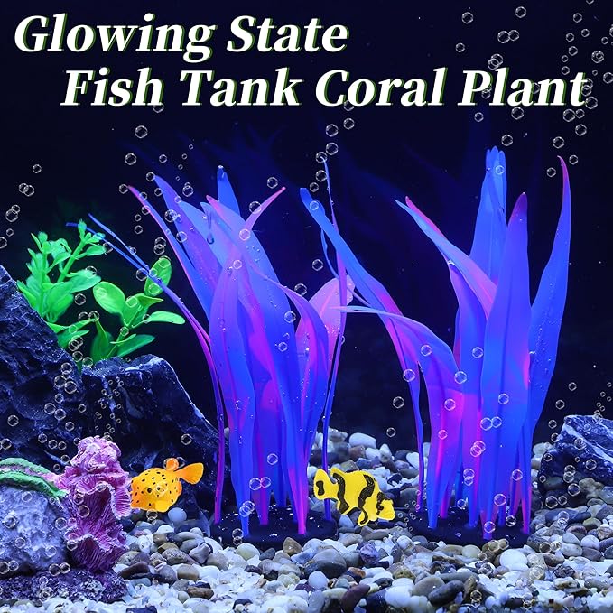 Aquarium Glowing Kelp Plant, Soft Silicone, Fluorescence Coral Decor, Blue, 2pcs