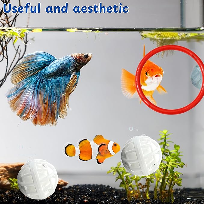 Betta Fish Exercise Ring and Filter Balls Set, Betta Ring and Turtle Water Cleaner Ball, Fish Feeder Rings with Nitrifying Balls, Betta Fishes Tank Toys, Aquatic Turtle Enrichment Toys (Red, M-70mm)